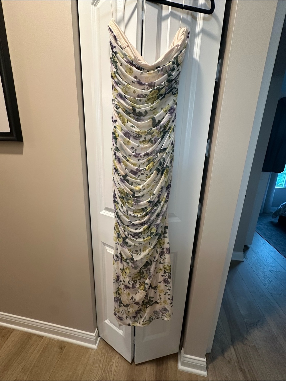 Abercrombie & Fitch Floral Draped Strapless Evening Dress in Cream and Purple